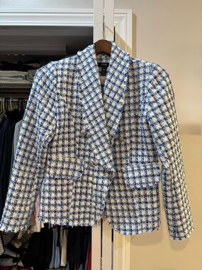 Aqua Blue and White Tweed Double-Breasted Blazer